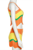 Orange Fashion Sexy Patchwork Backless Contrast Spaghetti Strap Sleeveless Two Pieces