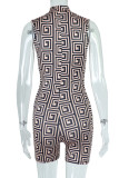Brown Sexy Print Patchwork Zipper Collar Skinny Rompers