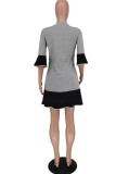 Black Gray Fashion Casual Letter Print Patchwork O Neck Dresses