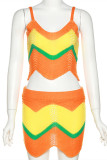 Orange Fashion Sexy Patchwork Backless Contrast Spaghetti Strap Sleeveless Two Pieces