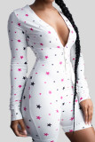 White Casual Sportswear Print Patchwork Buckle V Neck Skinny Rompers