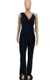 Black Casual Solid Patchwork V Neck Straight Jumpsuits