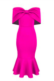 Rose Red Fashion Sexy Solid Patchwork Backless With Bow Off the Shoulder Evening Dress
