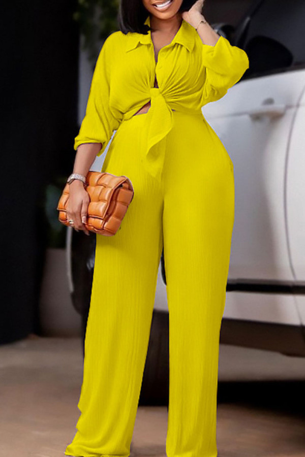 Yellow Casual Solid Patchwork Buckle Turndown Collar Long Sleeve Two Pieces