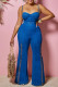 Blue Sexy Solid Patchwork Zipper Spaghetti Strap Boot Cut Jumpsuits