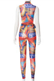 Multicolor Fashion Sexy Print Patchwork Zipper Collar Skinny Jumpsuits