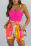 Rose Red Fashion Casual Print Patchwork Backless With Belt Spaghetti Strap Sleeveless Two Pieces