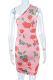 Pink Sexy Print Hollowed Out Patchwork Fold Oblique Collar Pencil Skirt Dresses