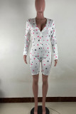 White Casual Sportswear Print Patchwork Buckle V Neck Skinny Rompers