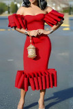 Red Fashion Sexy Solid Backless Off the Shoulder Evening Dress