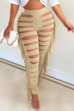 Black Sexy Solid Tassel Hollowed Out Patchwork High Waist Pencil Solid Color Bottoms