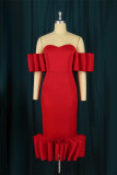 Red Fashion Sexy Solid Backless Off the Shoulder Evening Dress