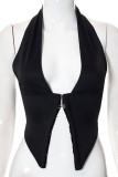 Black Fashion Sexy Solid Patchwork Backless Halter Tops