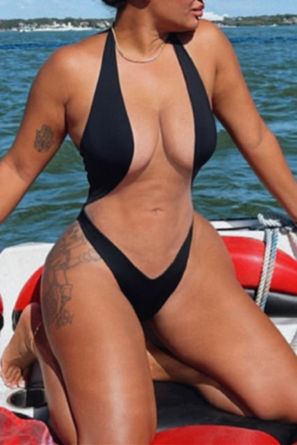 Black Fashion Sexy Solid Patchwork See-through Backless Swimwears