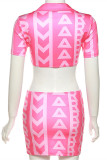 Pink Fashion Sexy Letter Print Basic V Neck Short Sleeve Two Pieces