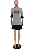 Black Gray Fashion Casual Letter Print Patchwork O Neck Dresses