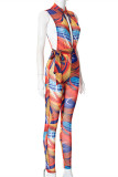 Multicolor Fashion Sexy Print Patchwork Zipper Collar Skinny Jumpsuits