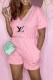 Pink Fashion Casual Print Letter V Neck Rompers