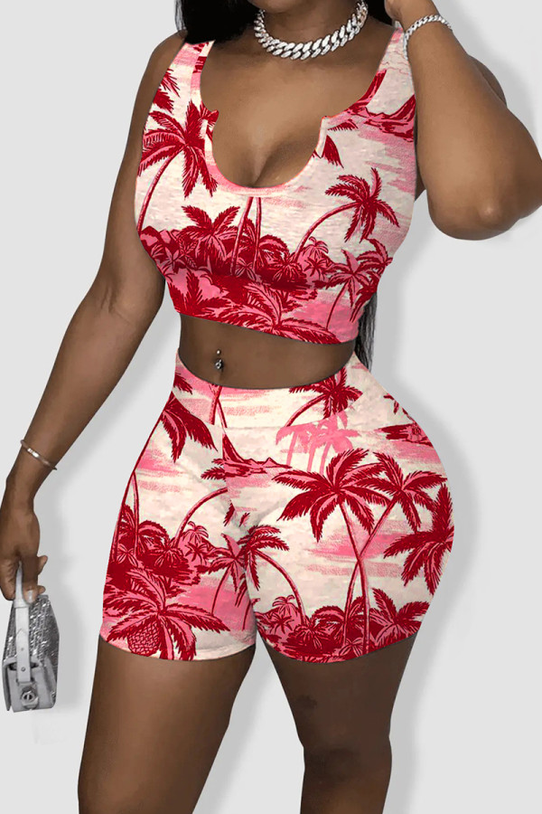 Red Fashion Casual Print Basic U Neck Sleeveless Two Pieces