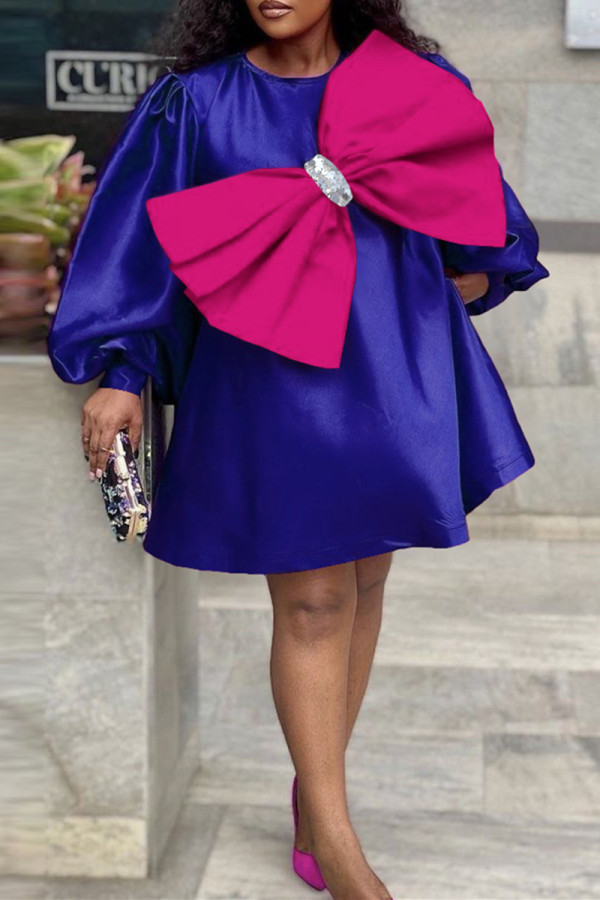 Deep Blue Fashion Casual Patchwork With Bow O Neck Long Sleeve Dresses