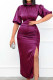 Burgundy Elegant Solid Patchwork Slit Half A Turtleneck One Step Skirt Dresses