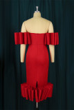 Red Fashion Sexy Solid Backless Off the Shoulder Evening Dress