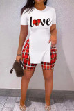 Black White Casual Print Patchwork Slit O Neck Short Sleeve Two Pieces