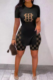Black White Casual Print Patchwork Slit O Neck Short Sleeve Two Pieces