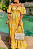 Yellow White Casual Print Patchwork Halter Cake Skirt Dresses(There will be color difference, mind carefully ordering)