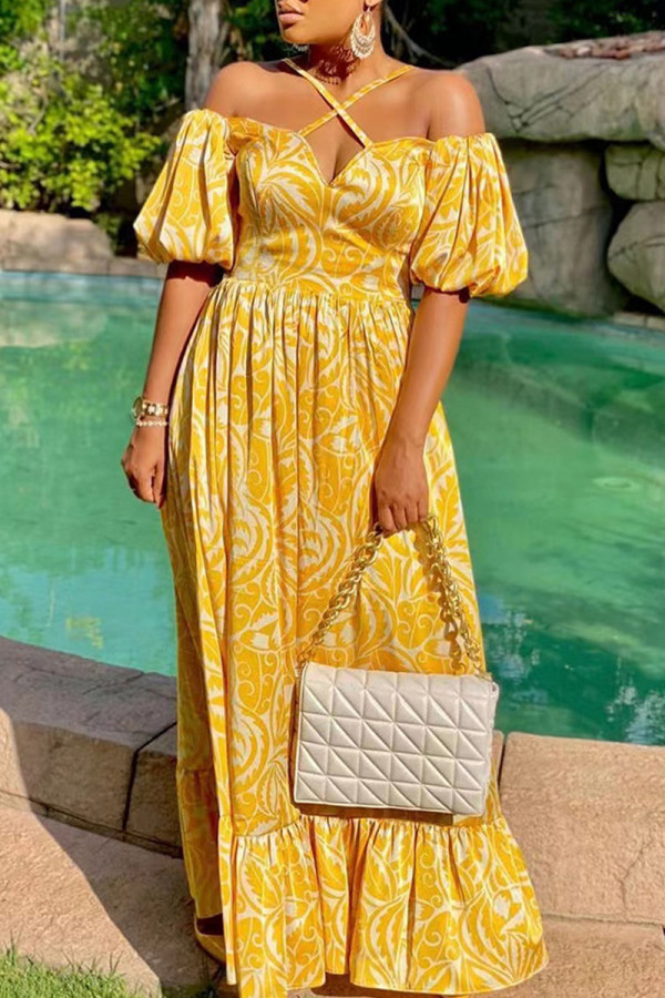 Yellow White Casual Print Patchwork Halter Cake Skirt Dresses(There will be color difference, mind carefully ordering)