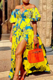 Tangerine Casual Print Patchwork Halter Cake Skirt Dresses(There will be color difference, mind carefully ordering)