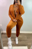 Brown Fashion Casual Solid Patchwork Hooded Collar Long Sleeve Three-piece Set