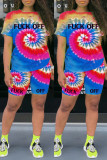 Yellow Fashion Casual Print Tie-dye O Neck Short Sleeve Two Pieces