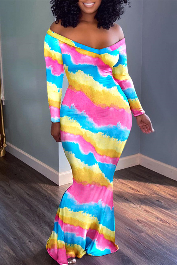 Pink Yellow Fashion Casual Print Patchwork V Neck Long Sleeve Dresses