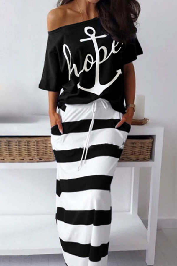 Black Casual Print Patchwork Off the Shoulder Two Pieces