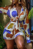 Green Fashion Casual Print Bandage V Neck Long Sleeve Two Pieces