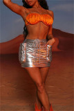 Silver Fashion Sexy Solid Patchwork Regular High Waist Conventional Solid Color Bottoms