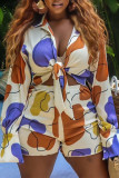 Green Fashion Casual Print Bandage V Neck Long Sleeve Two Pieces