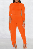 Orange Fashion Casual Solid Tassel Patchwork O Neck Long Sleeve Two Pieces