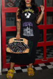 Black Casual Street Print Patchwork O Neck Straight Dresses