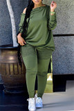 Army Green Fashion Casual Solid Patchwork Oblique Collar Plus Size Two Pieces