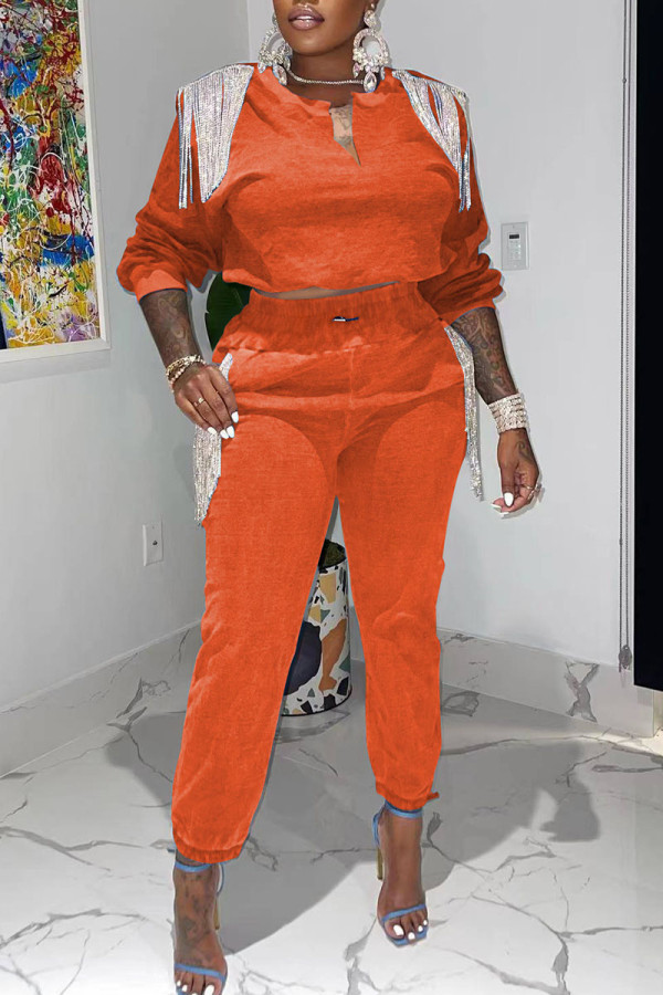 Orange Casual Solid Tassel Patchwork V Neck Long Sleeve Two Pieces