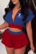 Red Blue Fashion Casual Print Patchwork Letter Hooded Collar Short Sleeve Two Pieces