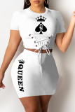 White Casual Print Frenulum O Neck Short Sleeve Two Pieces