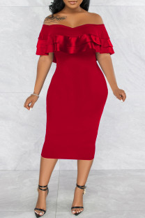 Burgundy Fashion Casual Solid Patchwork Backless Off the Shoulder Short Sleeve Dress