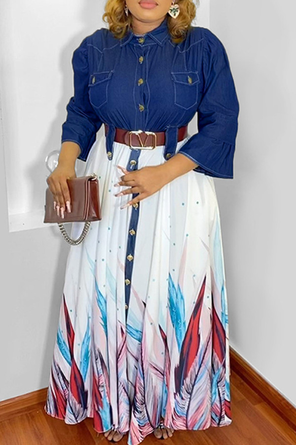White Fashion Casual Print Patchwork Turndown Collar Long Sleeve Dresses