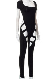 Black Sexy Solid Hollowed Out Patchwork Square Collar Skinny Jumpsuits