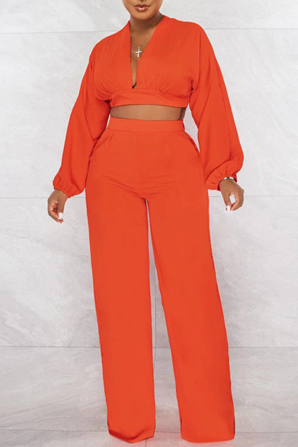 Orange Red Fashion Casual Solid Patchwork V Neck Long Sleeve Two Pieces