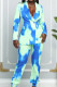 Blue Fashion Casual Print Patchwork Buttons Turn-back Collar Long Sleeve Two Pieces