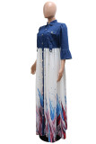 White Fashion Casual Print Patchwork Turndown Collar Long Sleeve Dresses